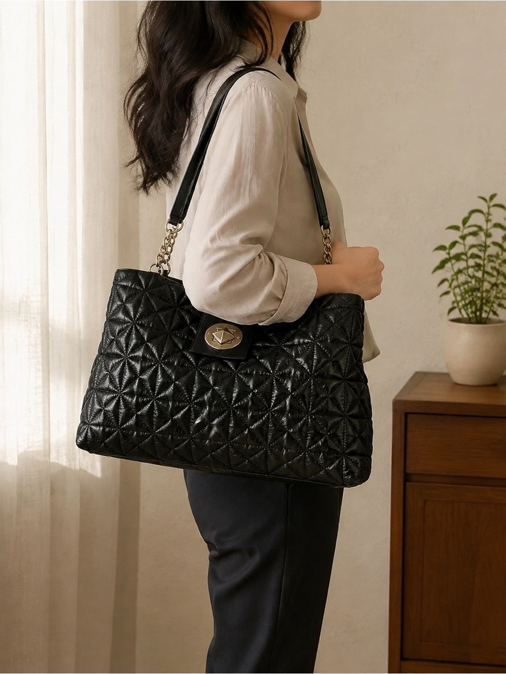 Quilted Black Shoulder Tote Bag